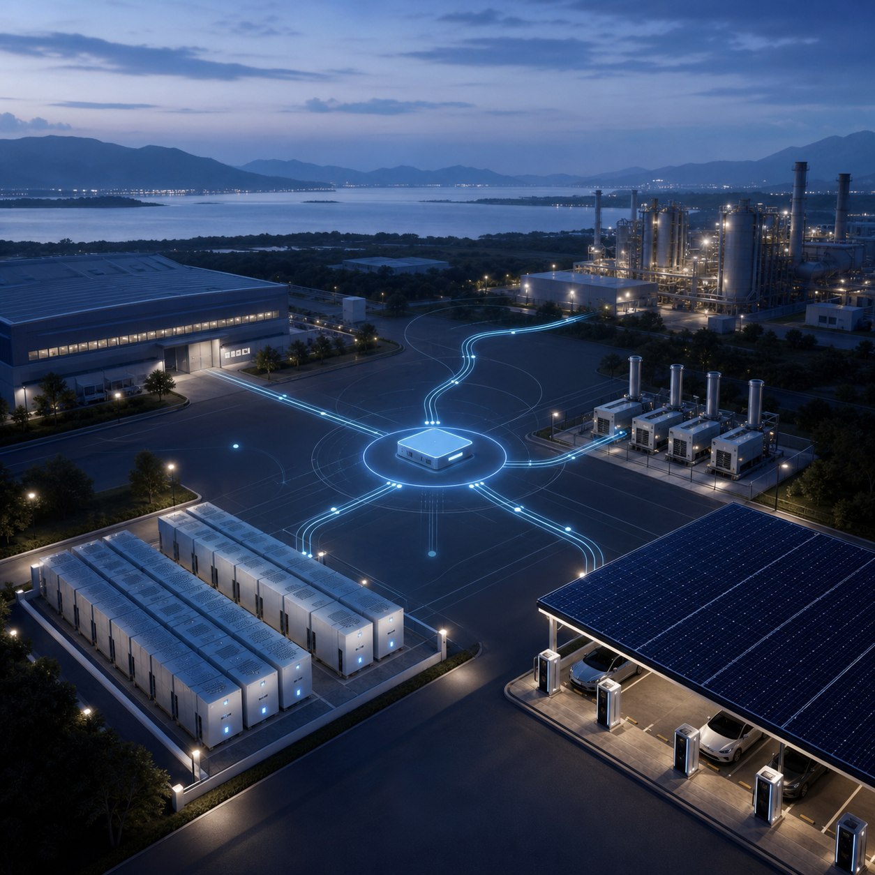 An intelligent energy hub coordinating batteries, solar, EV charging and industrial infrastructure.